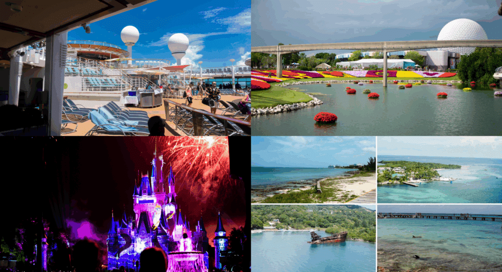 Images of Royal Caribbean's Harmony of the Seas (top left), Epcot's Flower and Garden Festival (top right), Happily Ever After Fireworks (bottom left) and scenes from the Carnival Dream (bottom right)