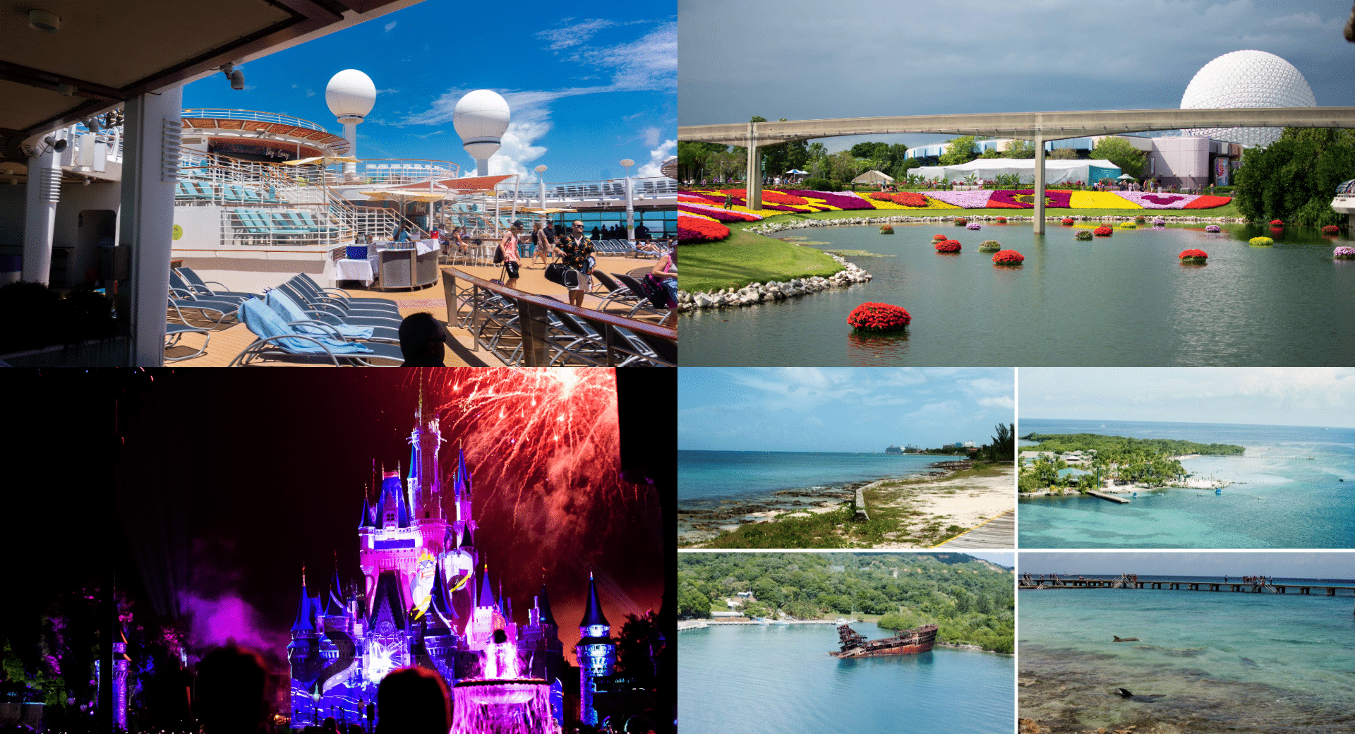 Images of Royal Caribbean's Harmony of the Seas (top left), Epcot's Flower and Garden Festival (top right), Happily Ever After Fireworks (bottom left) and scenes from the Carnival Dream (bottom right)