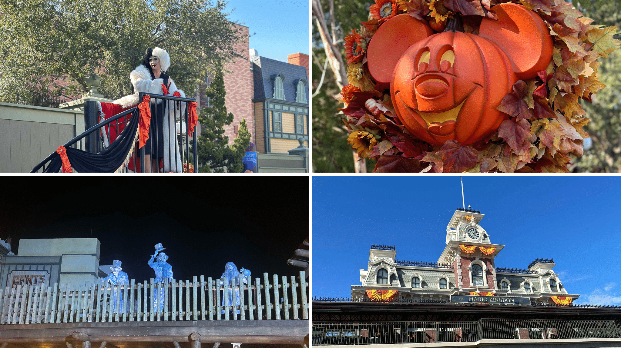 Fall decorations and halloween characters like Cruella Devile and the hitchhiking ghosts. 