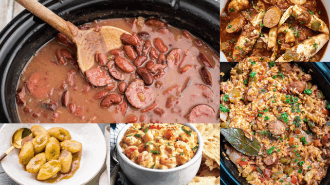 New Orleans Slow Cooker Meals - red beans and rice, gumbo, bananas foster, shrimp and crawfish dip, jambalaya