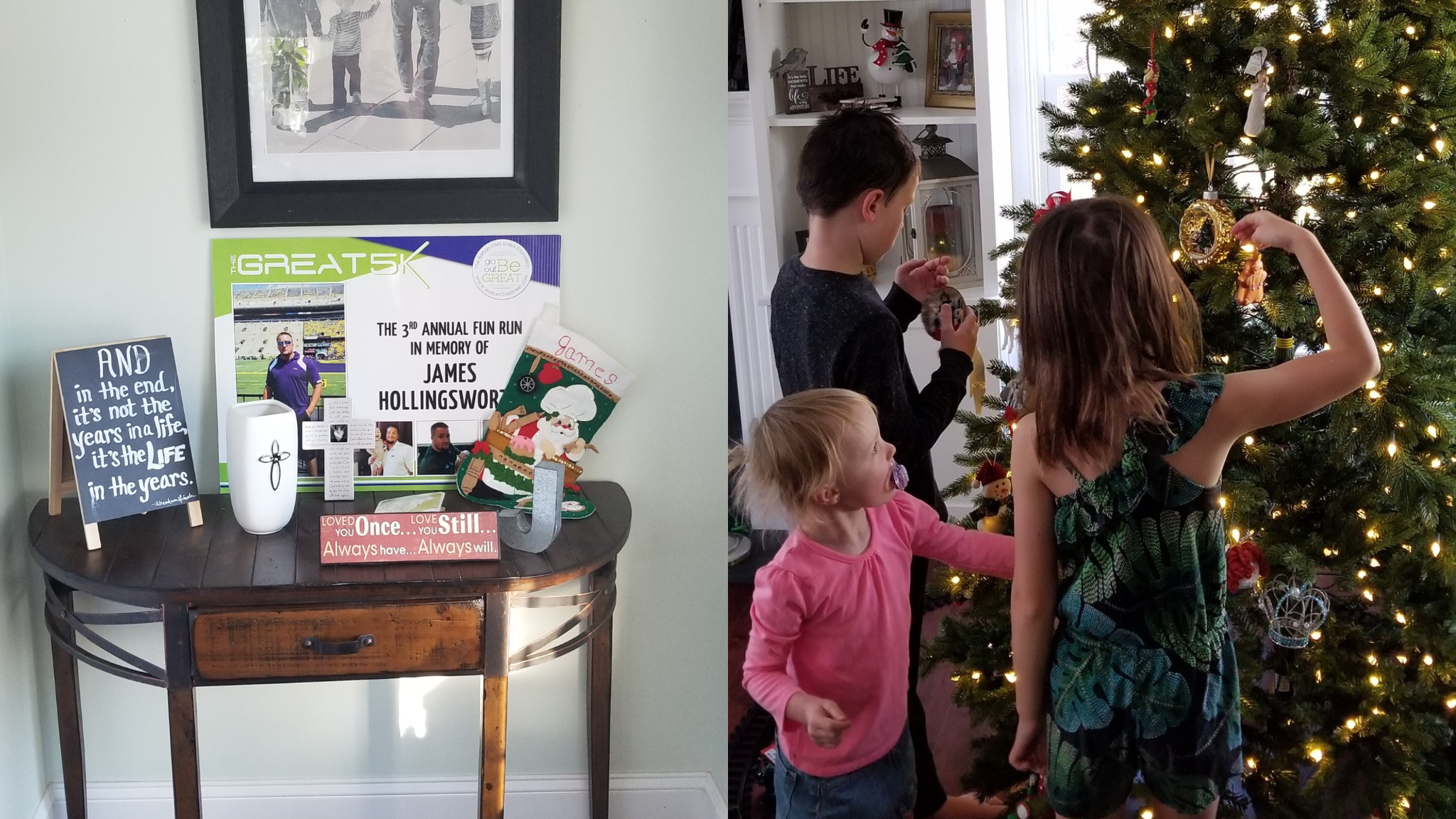 Children hanging up Christmas ornaments and a remembrance table for a dad